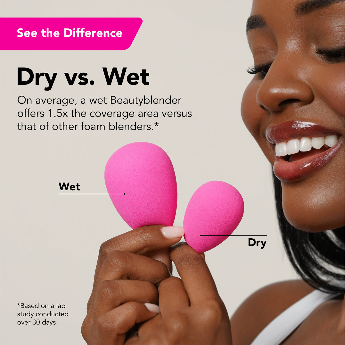 Beautyblender sponge shown wet and expanded for makeup application