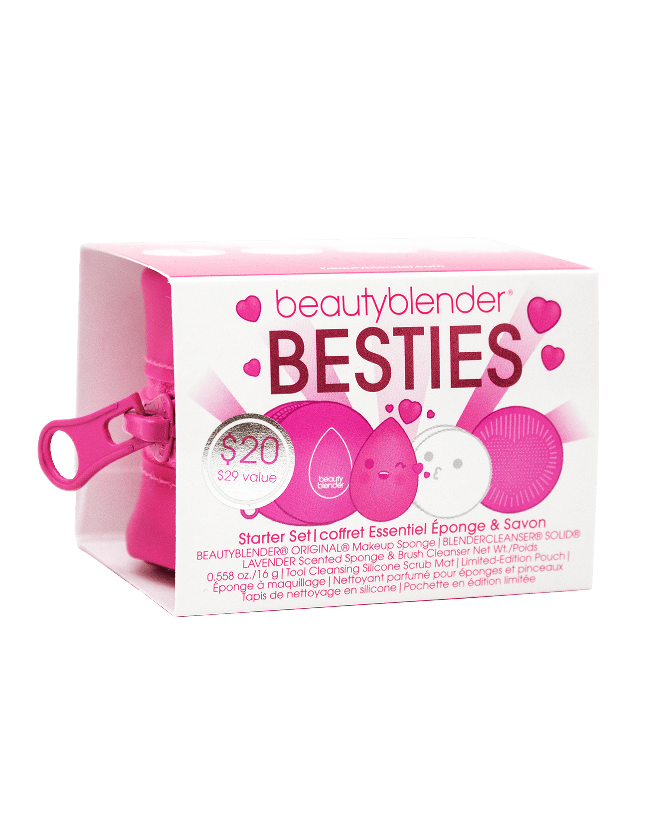 BESTIES Blend & Cleanse Starter Set. Makeup sponge, solid blendercleanser, silicone scrub mat and zipper carry case.