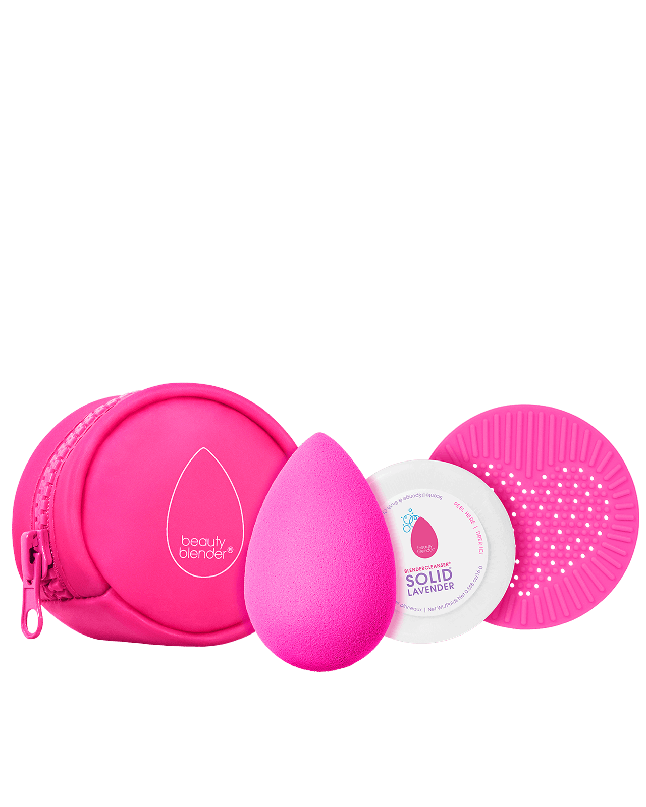 BESTIES Blend & Cleanse Starter Set. Makeup sponge, solid blendercleanser, silicone scrub mat and zipper carry case.